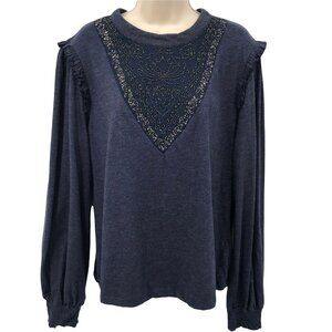 Anthropologie Ranna Gill Womens Blue Embellished Soft Knit Top Sz L